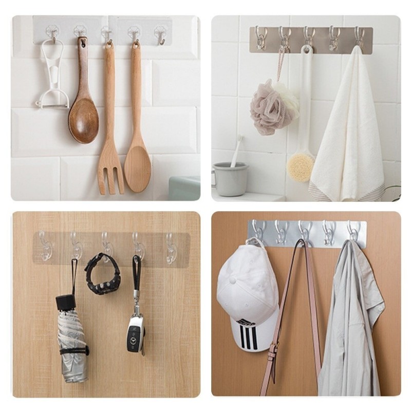 Bathroom Nail free Wall Hook A Row of Traceless Hooks Wall Hanger Sticker Transparent Plastic Glue Hooks Kitchen Six Rows Hooks