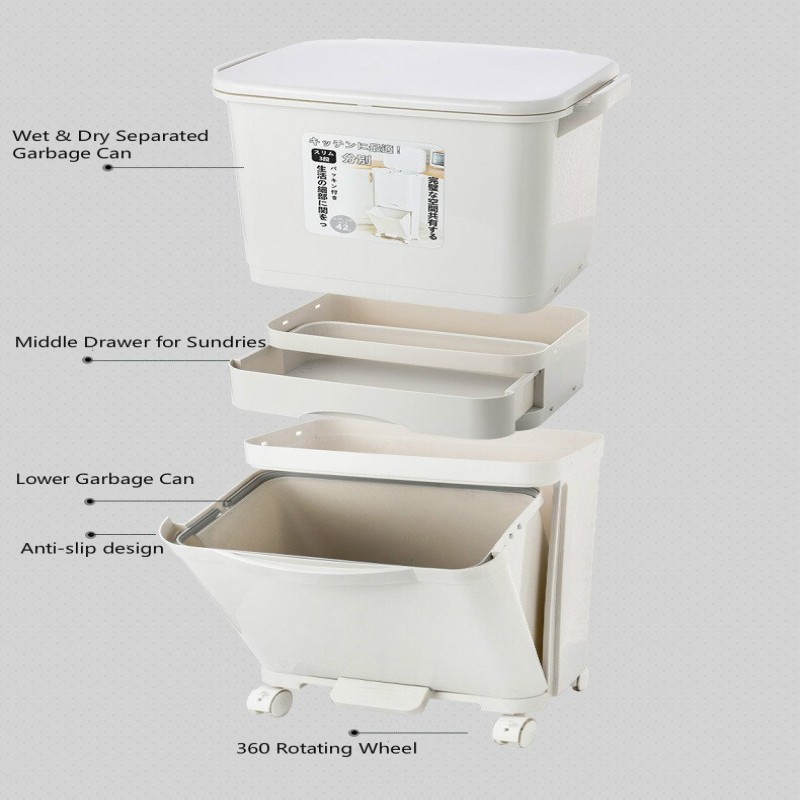 3 Layer Storage Trash Dustbin With Wheels 42L
