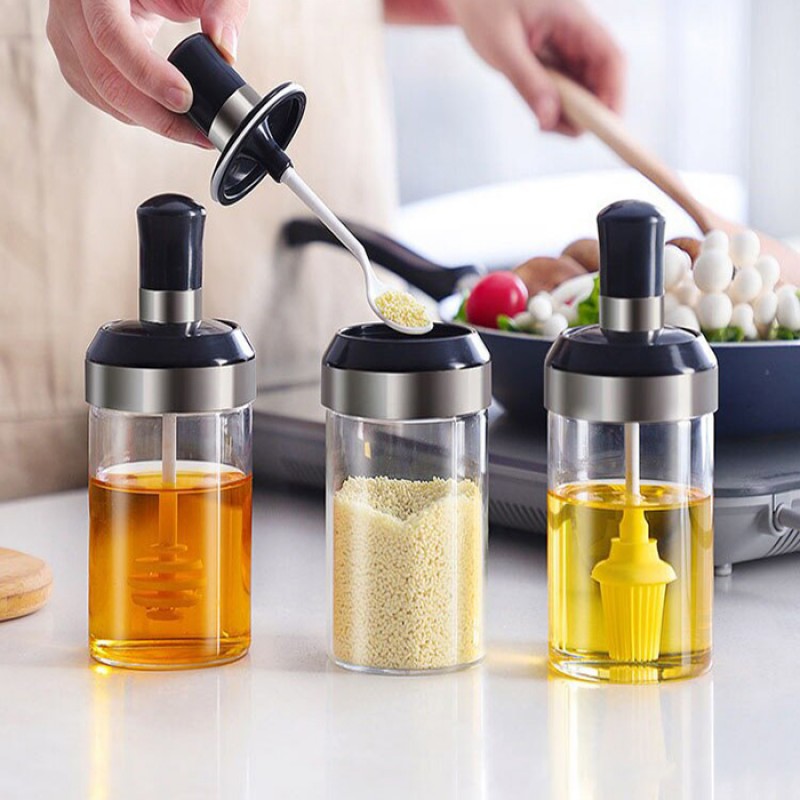 3Pcs Set Glass Sealed Spice Bottle With Spoon