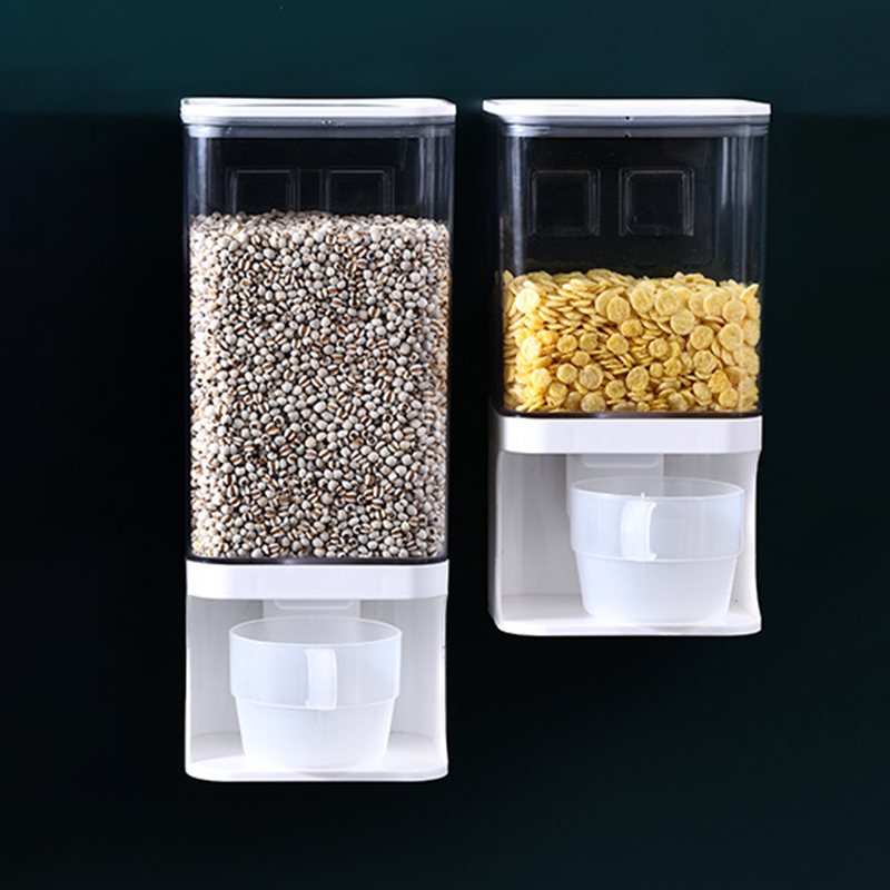 1L/1.5L Cereal Dispenser Plastic Clear Wall Mounted Divided Rice Storage Organizer for Home Kitchen