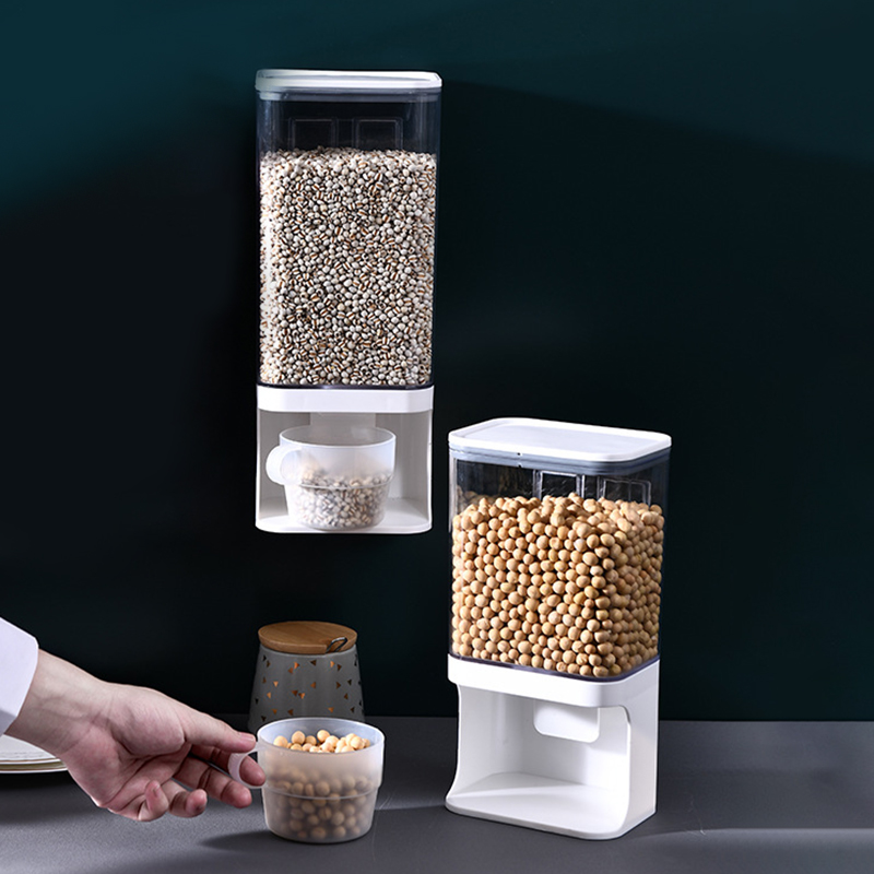 1L/1.5L Cereal Dispenser Plastic Clear Wall Mounted Divided Rice Storage Organizer for Home Kitchen