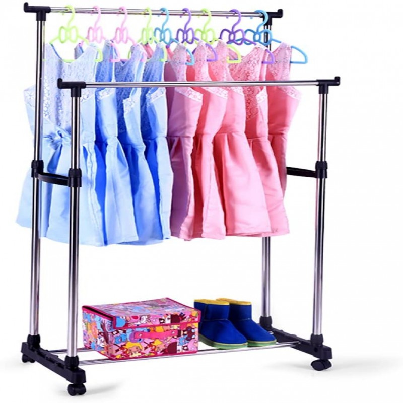 Multi-Functional Floor Clothes Rack Double Pole Stainless Steel Hanger