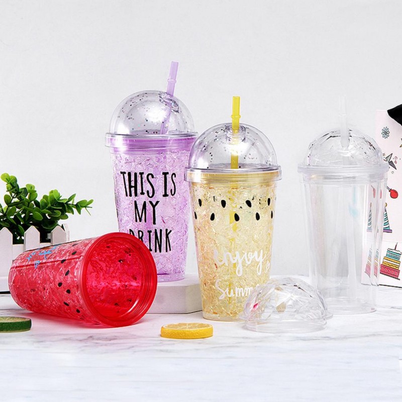 Reusable Plastic Straw Cup With Lid Water Cold Cups with straw