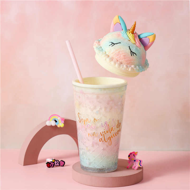 Korean Style Cute Water Bottle Unicorn Plastic Water Bottle With Straw