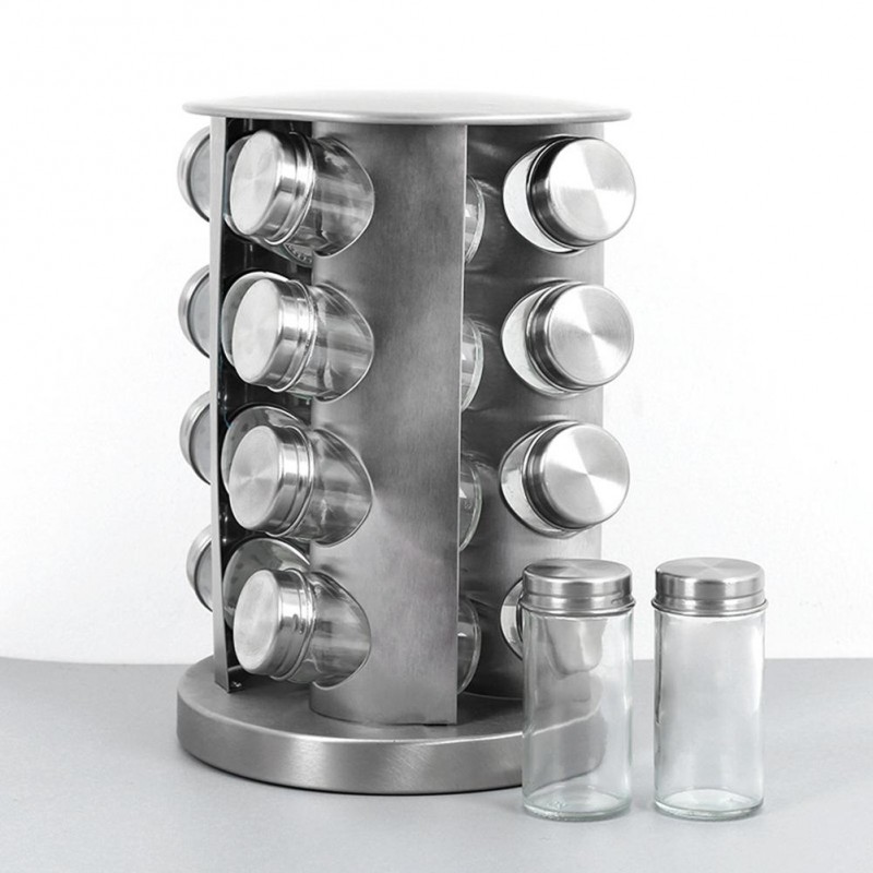 Rotating Stainless Steel 16 Glass Spice Jars