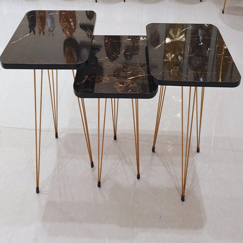 Square 3 Tables Set Black Marble Pattern