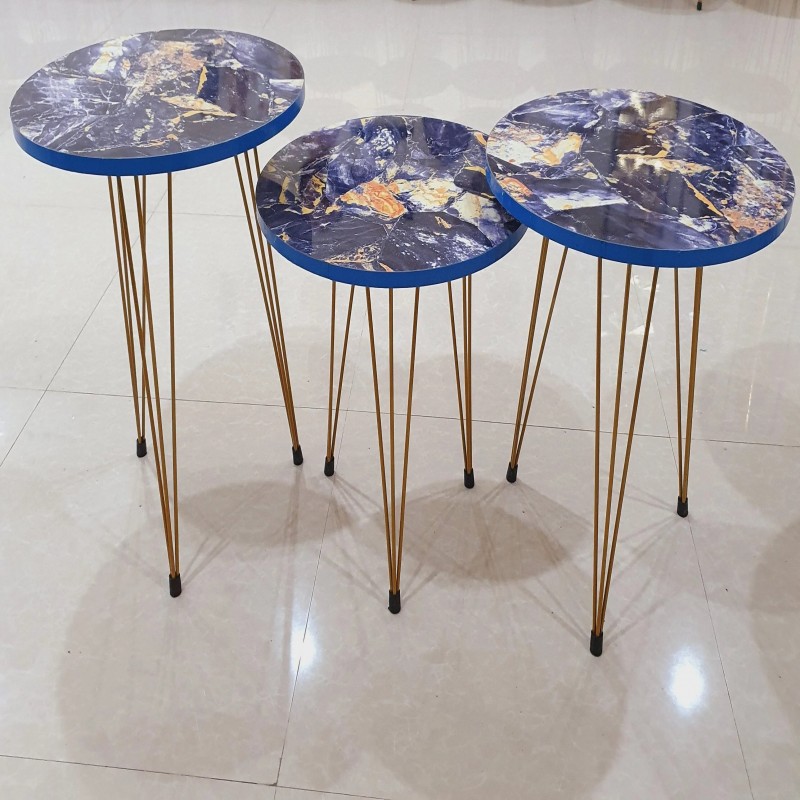 Set of 3 Blue Marble Style Round Table