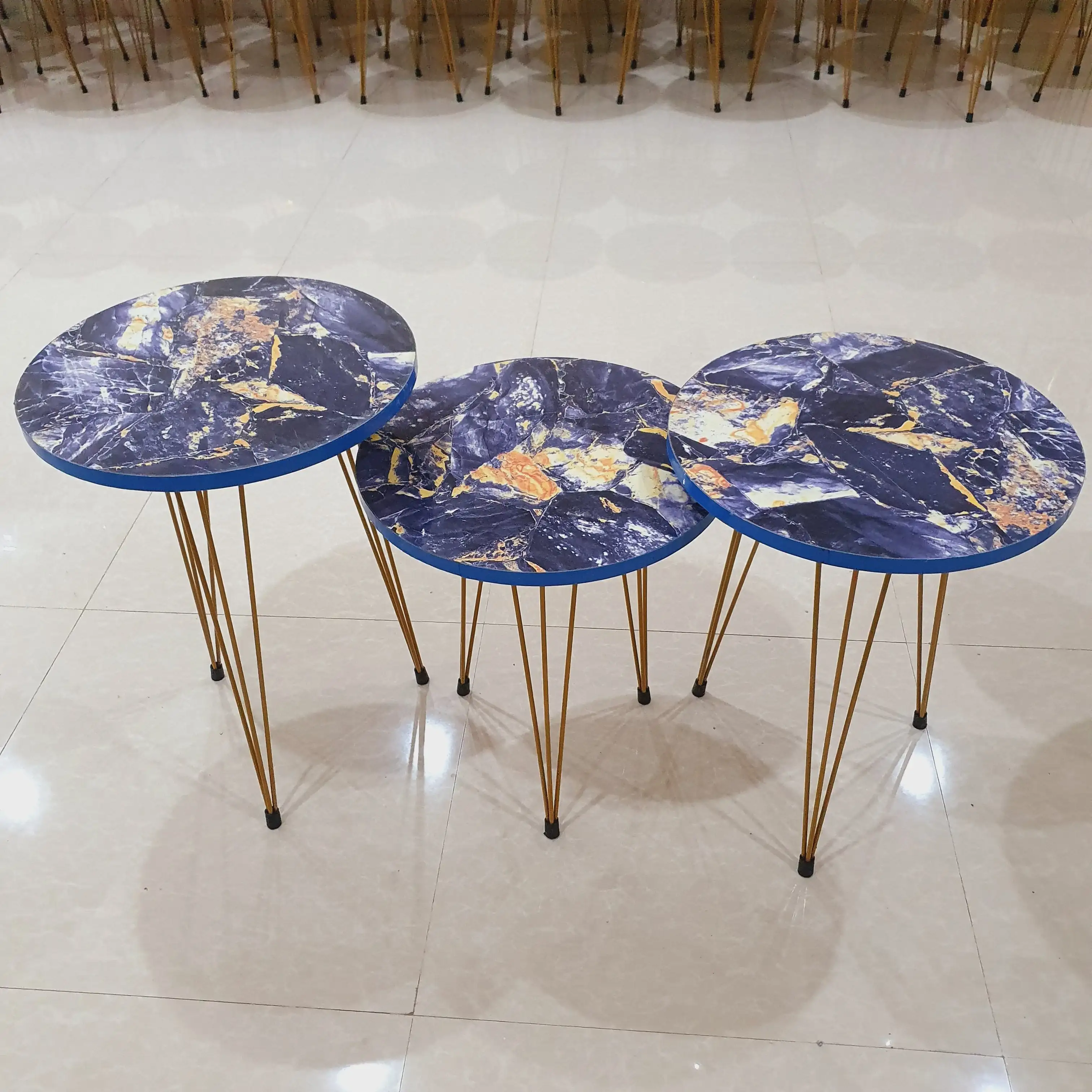 Set of 3 Blue Marble Style Round Table