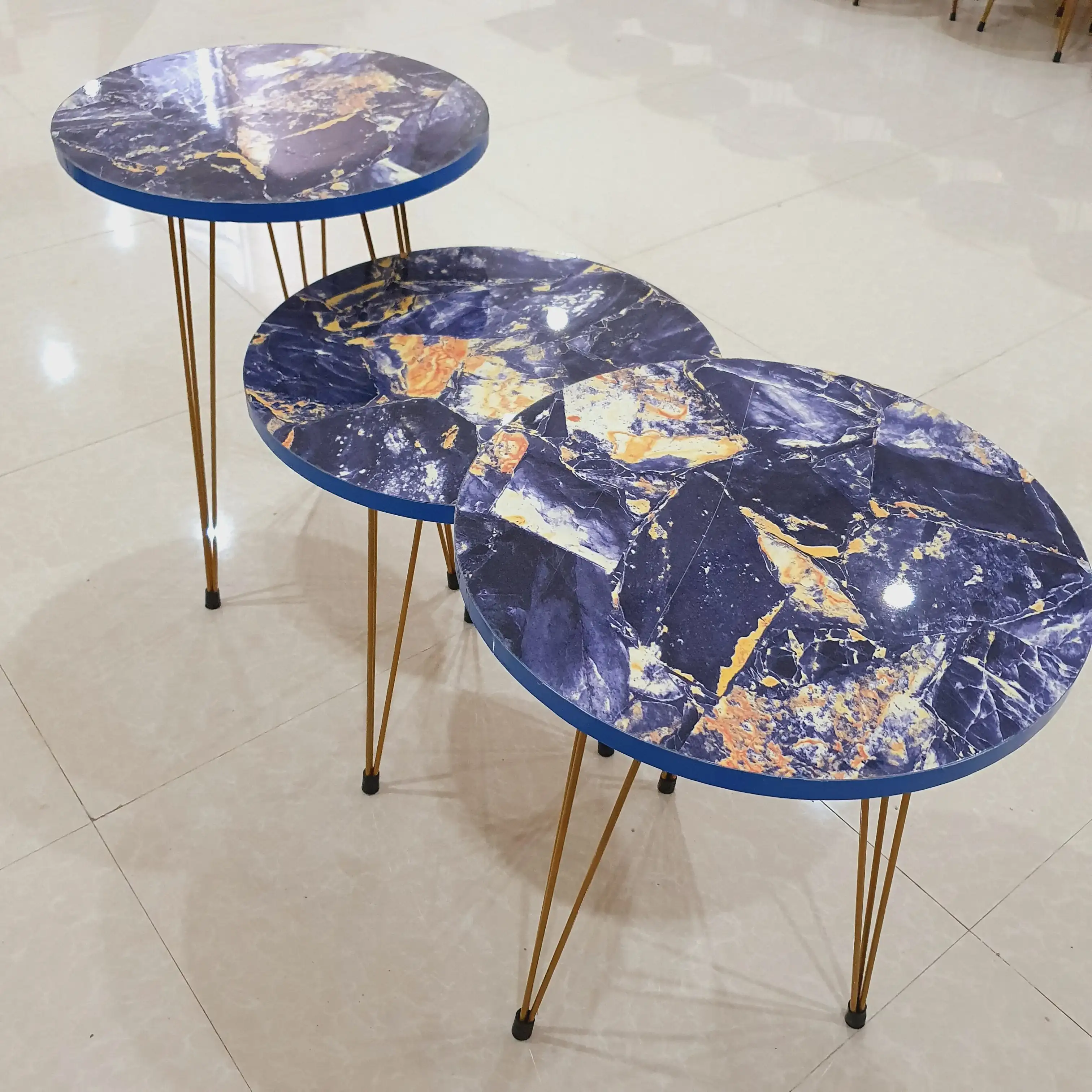 Set of 3 Blue Marble Style Round Table