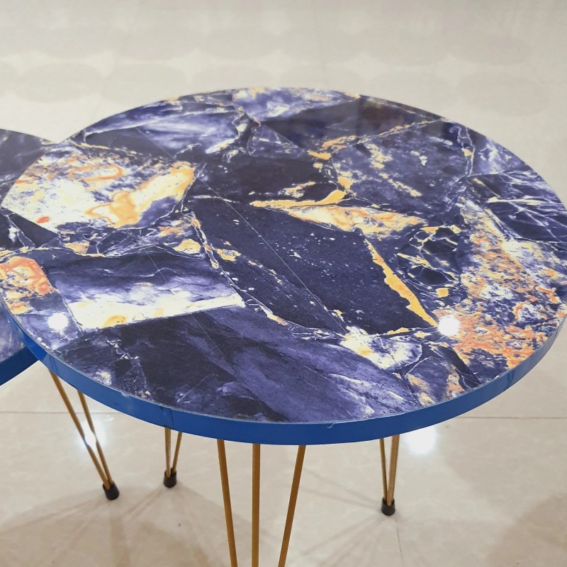 Set of 3 Blue Marble Style Round Table