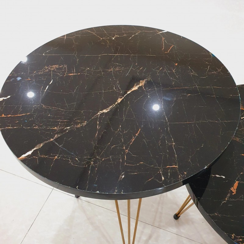 Set of 3 Round Black Marble Style Round Table