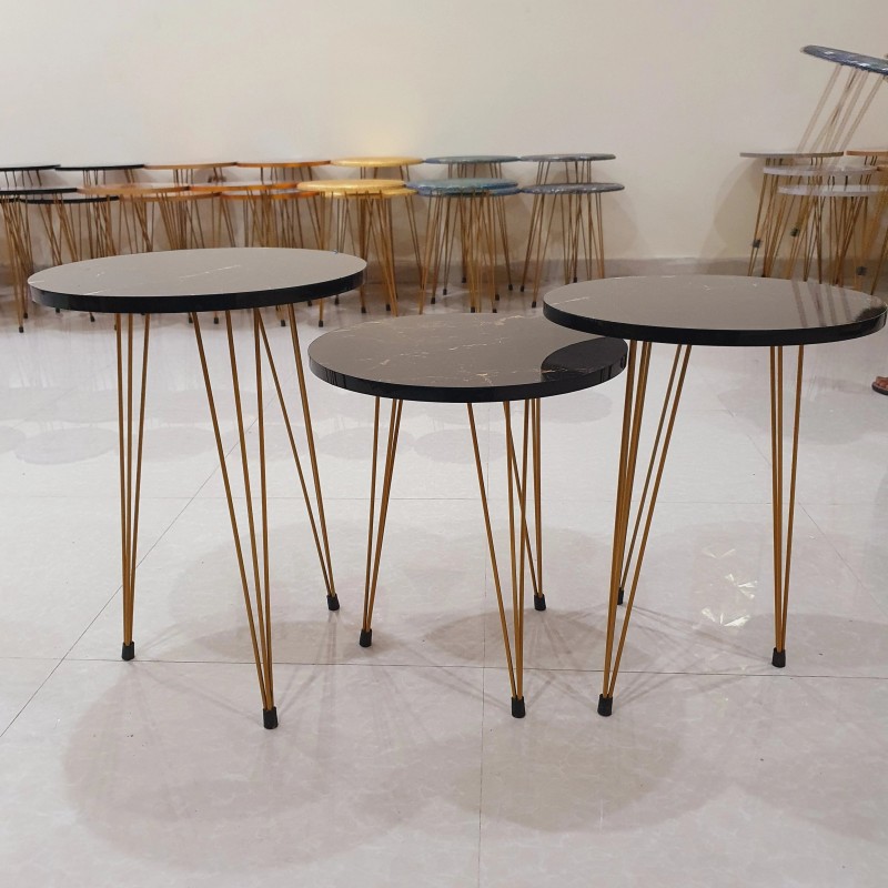 Set of 3 Round Black Marble Style Round Table