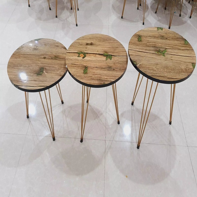 Set of 3 Natural Wooden Style Round Table