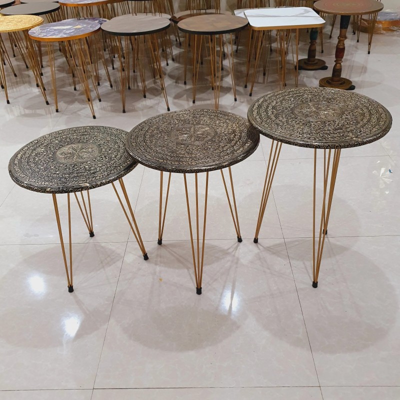 Set of 3 Handi Craft Golden Black Round Table