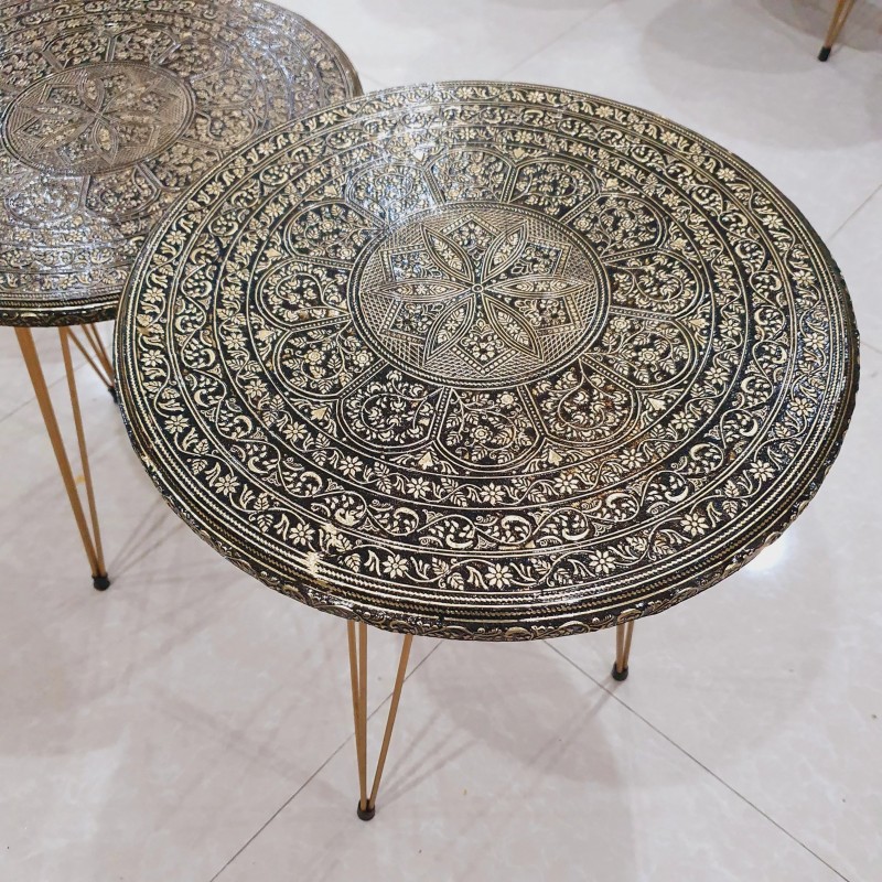 Set of 3 Handi Craft Golden Black Round Table