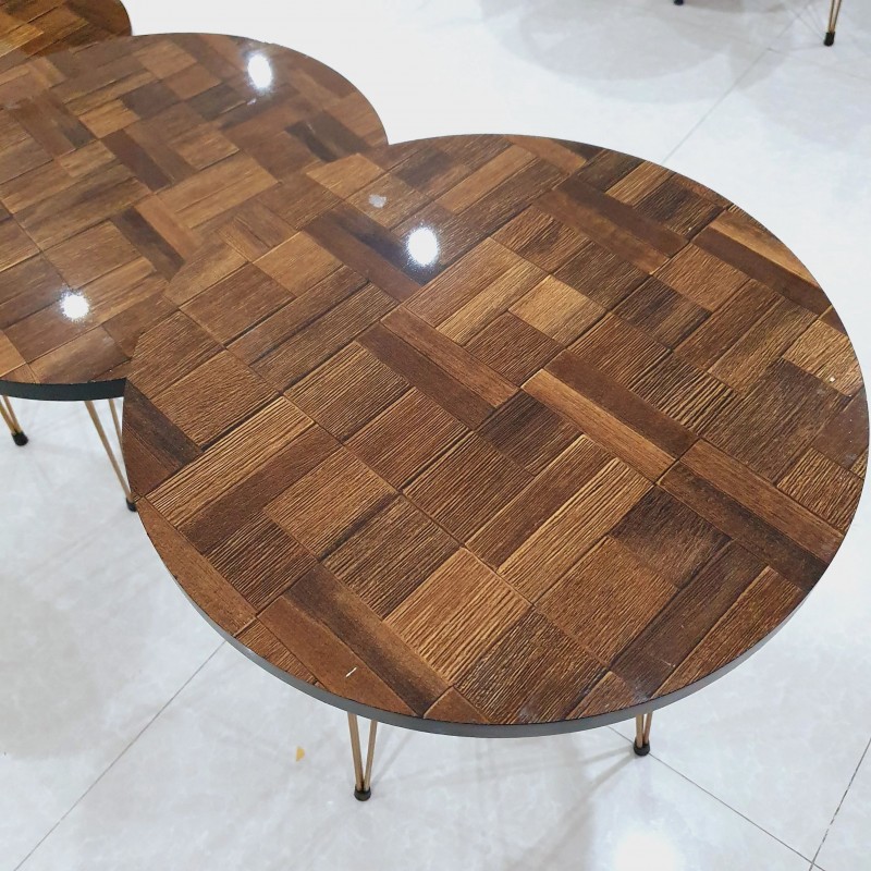 Set of 3 Wooden Grid Pattern Round Table