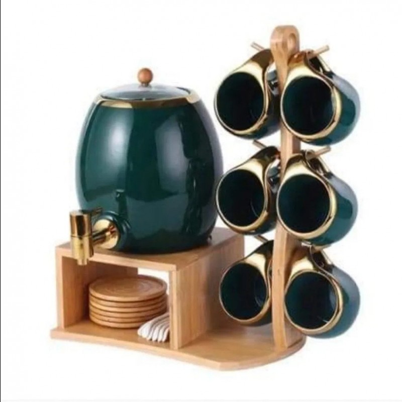 European Style Nordic Ceramic Kettle with Faucet Wooden Coaster Coffee Cup Set with Spoon