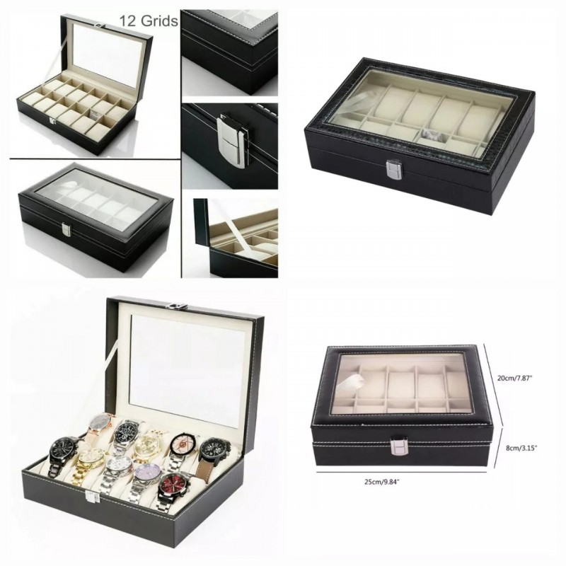 12-Slot Watch Display Box – PU Leather Organizer with Glass Lid