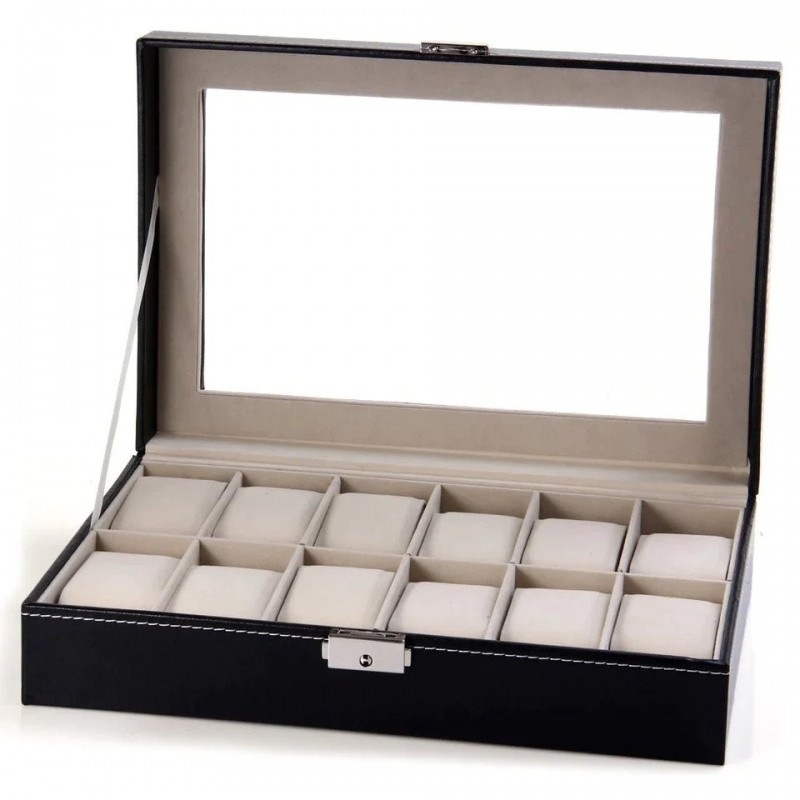 12-Slot Watch Display Box – PU Leather Organizer with Glass Lid