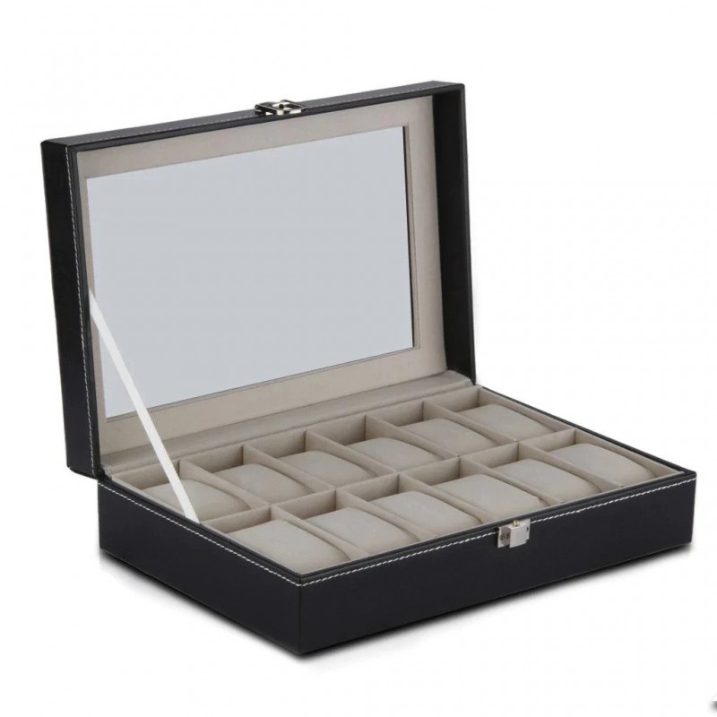 12-Slot Watch Display Box – PU Leather Organizer with Glass Lid