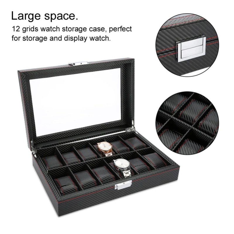 12-Slot Watch Display Box – PU Leather Organizer with Glass Lid