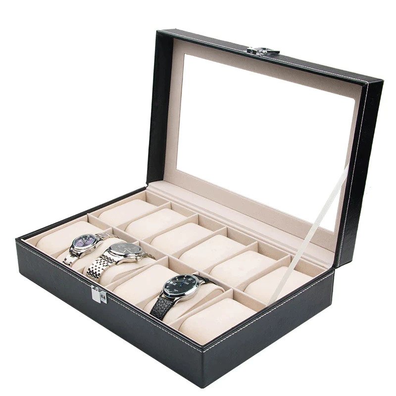 12-Slot Watch Display Box – PU Leather Organizer with Glass Lid