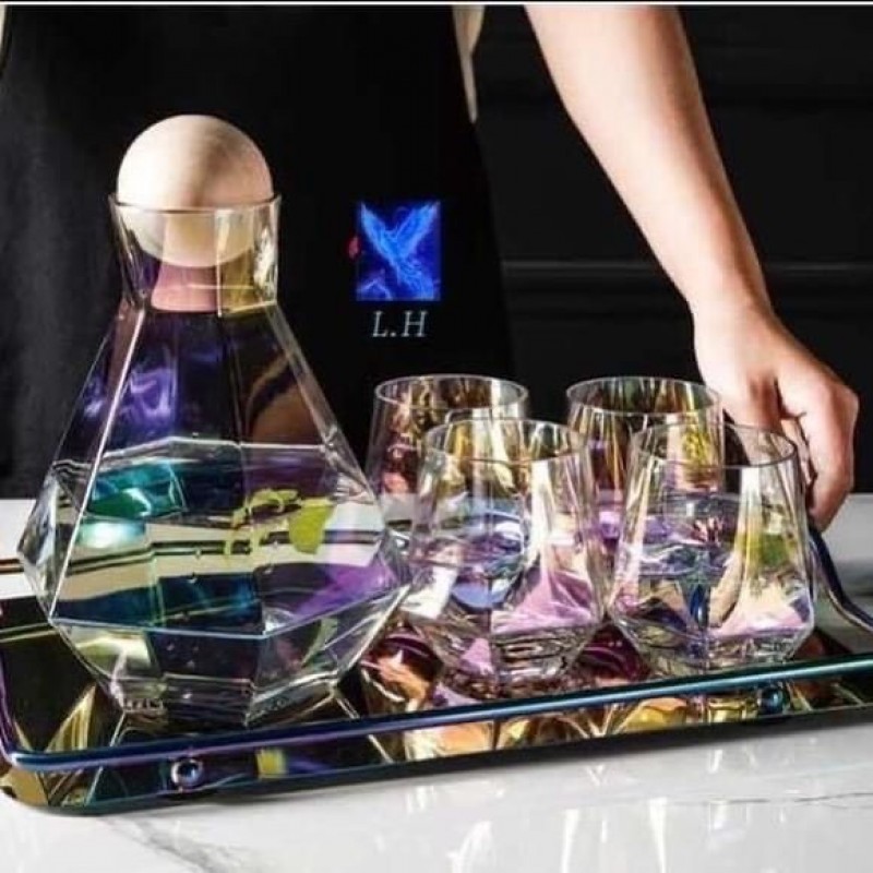 7-Pcs Nordic Style Rainbow Multi Shade Glass Set with Cork Lid Jug