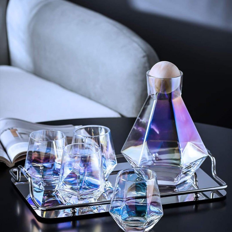 7-Pcs Nordic Style Rainbow Multi Shade Glass Set with Cork Lid Jug