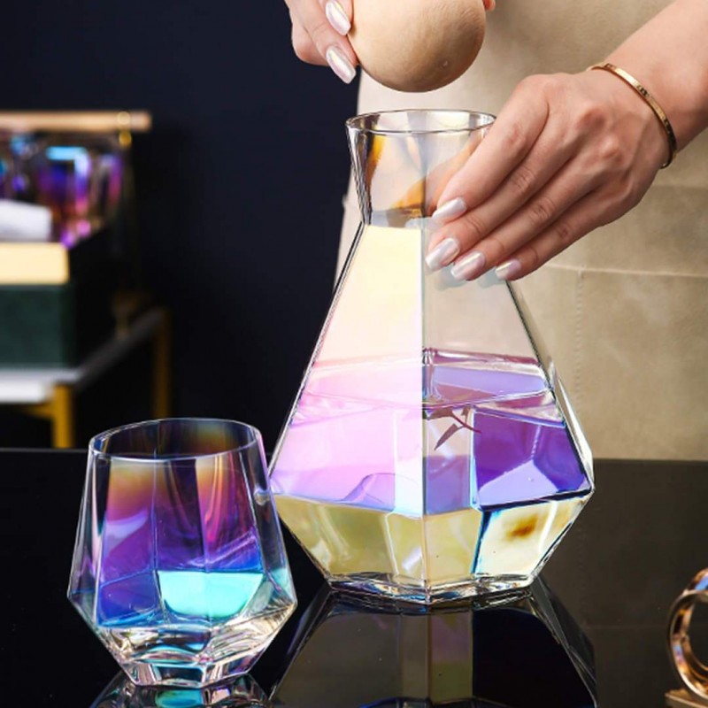 7-Pcs Nordic Style Rainbow Multi Shade Glass Set with Cork Lid Jug