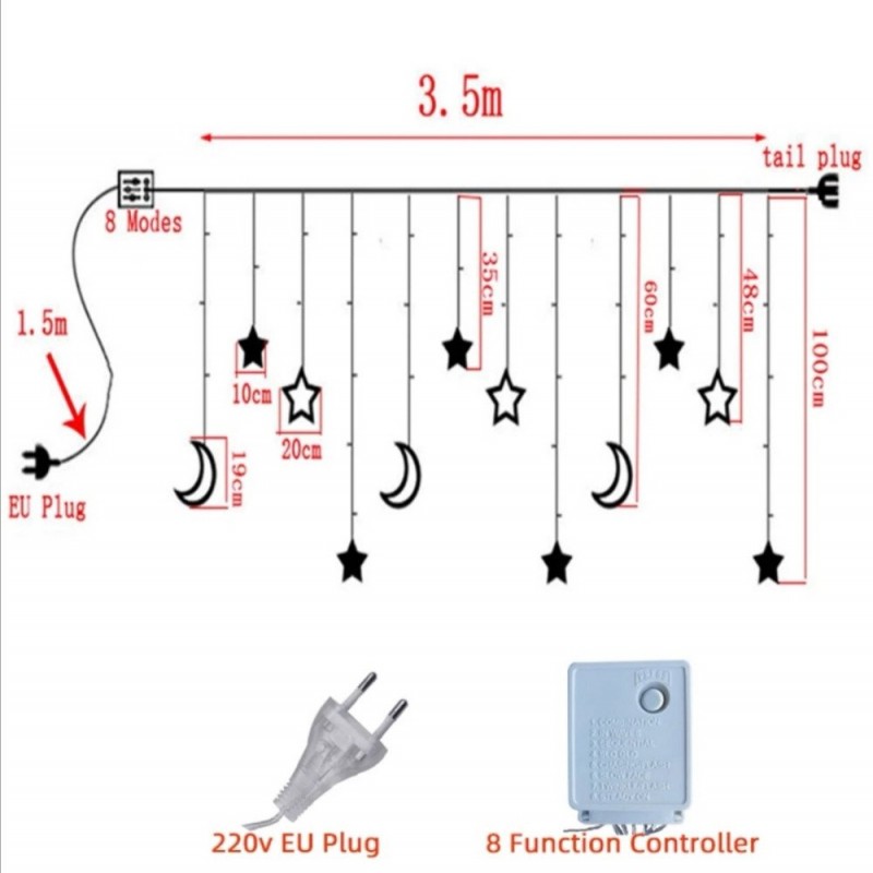 220V 3.5m LED Moon Star Fairy Curtain String Lights