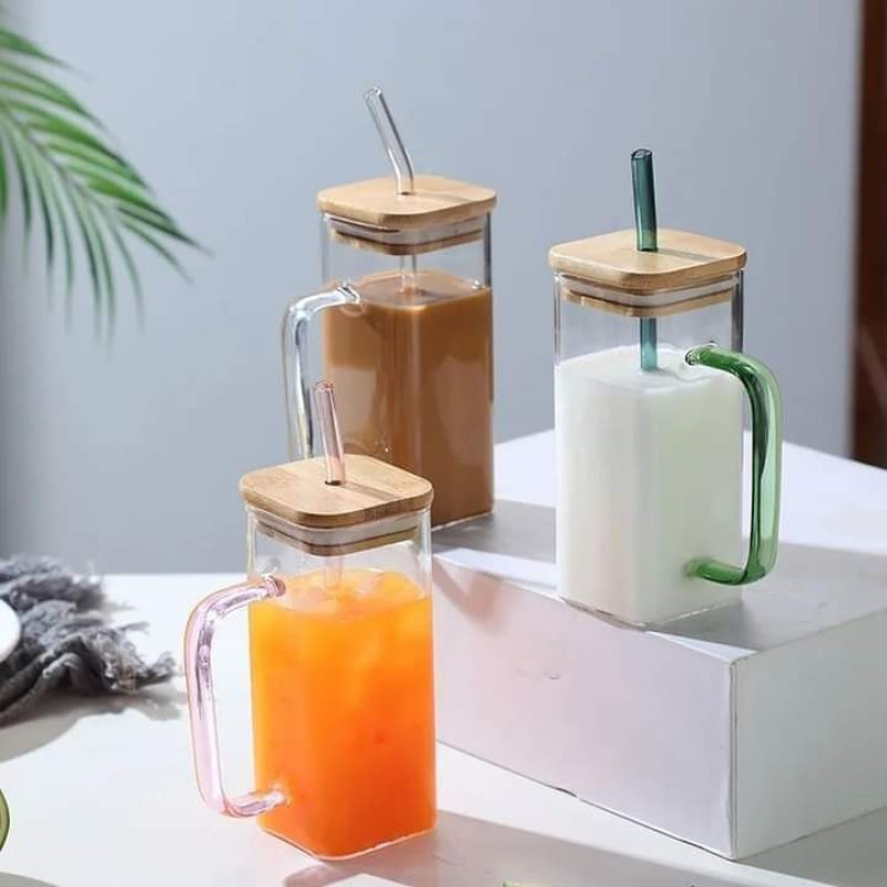 Buy square glass cup with bamboo lid and straw at best price in ...