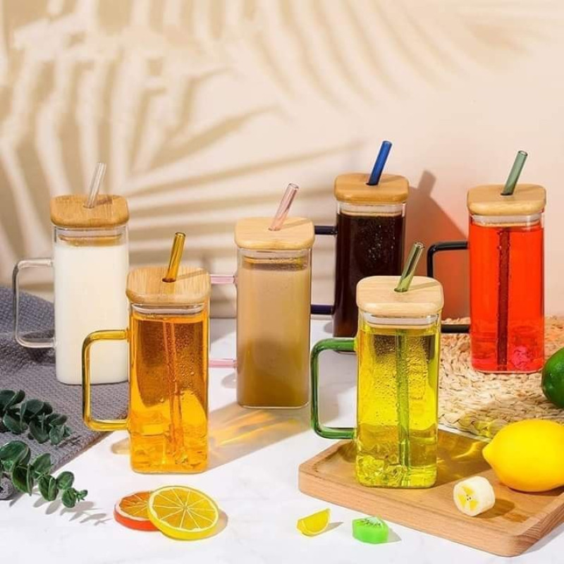 Buy square glass cup with bamboo lid and straw at best price in ...