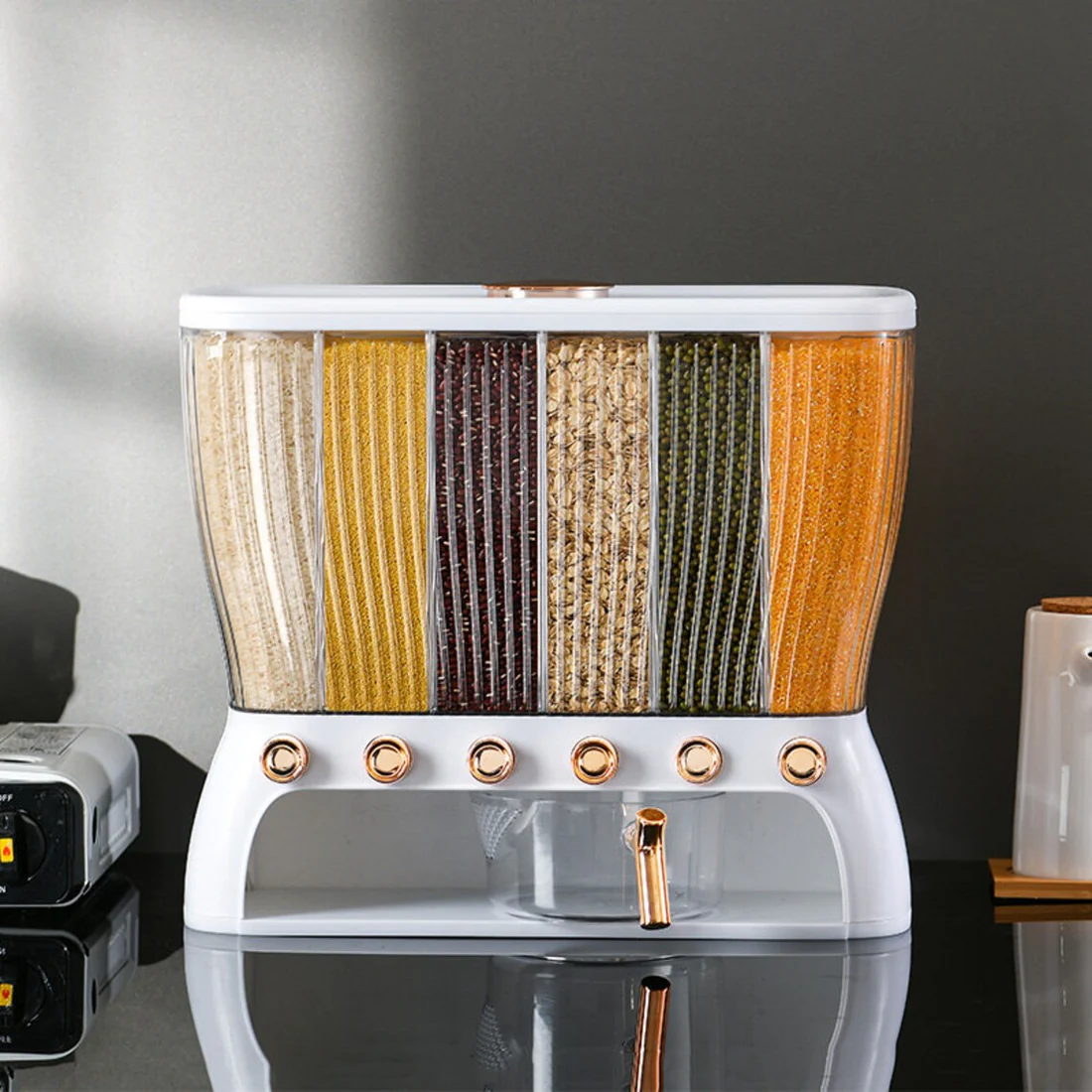 6 Grids, 12 Kg Cereal Grain Organizer, Press-type Rice Storage Box
