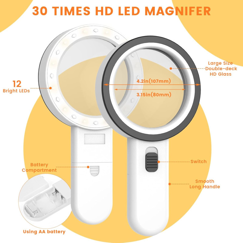 Magnifying Glass with Light, 30X Handheld Large Magnifying Glass