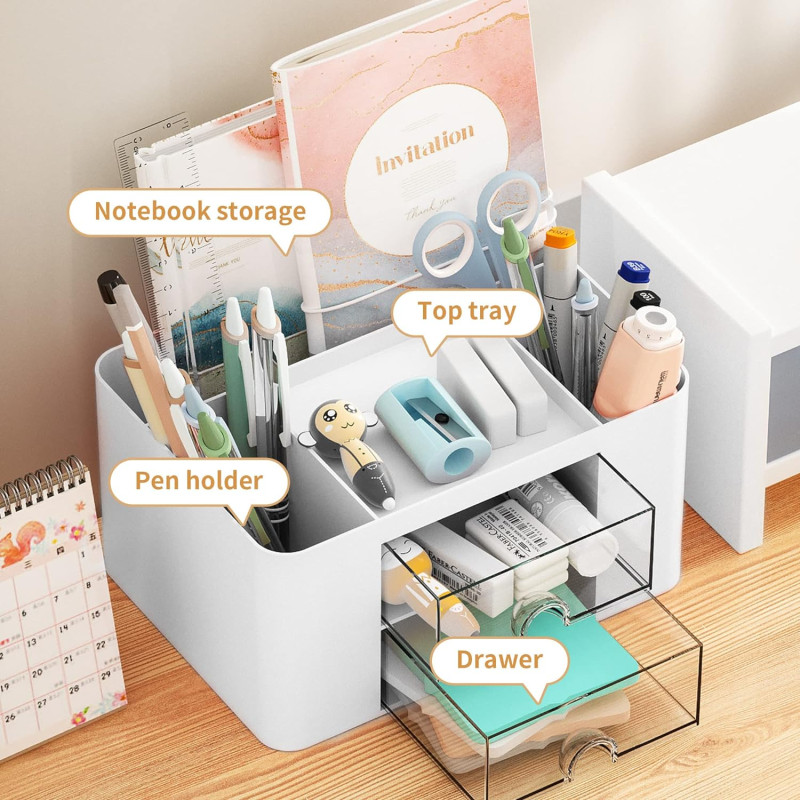 Stationary Organizer With 2 Drawers, Multi-Functional Pencil Holder For Desk, Holder Storage Box For Desk, Office Supplies