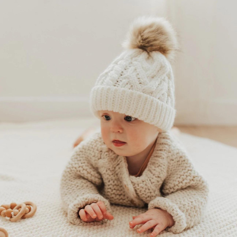 MOMS & TODDLE BABY HAT FAUX FUR POMPOM BEANIE HAT