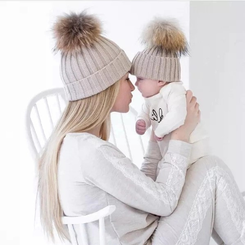 MOMS & TODDLE BABY HAT FAUX FUR POMPOM BEANIE HAT