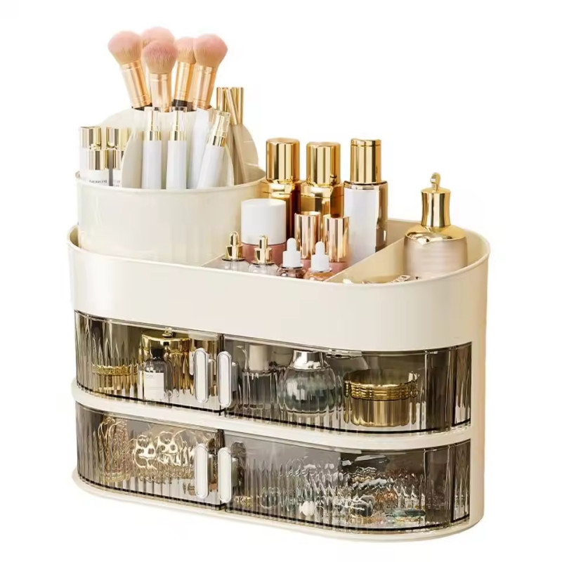 Multi Compartment Cosmetic Container Countertop Cosmetic Box Large Capacity Makeup Perfume Organizer With Rotating Barrel