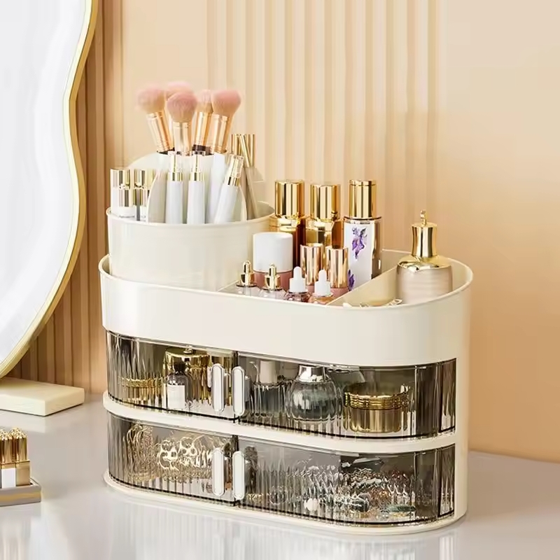 Multi Compartment Cosmetic Container Countertop Cosmetic Box Large Capacity Makeup Perfume Organizer With Rotating Barrel
