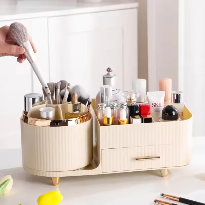 360° Rotating Makeup Organizer With Drawer,Cosmetic Display Case For Vanity Brush,Skincare,Lipstick Bathroom Countertop,Desk