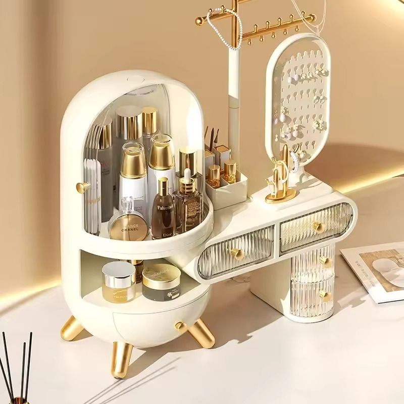 Dressing table, cosmetics storage box, desktop jewelry integrated, dust-proof, high-end feeling,