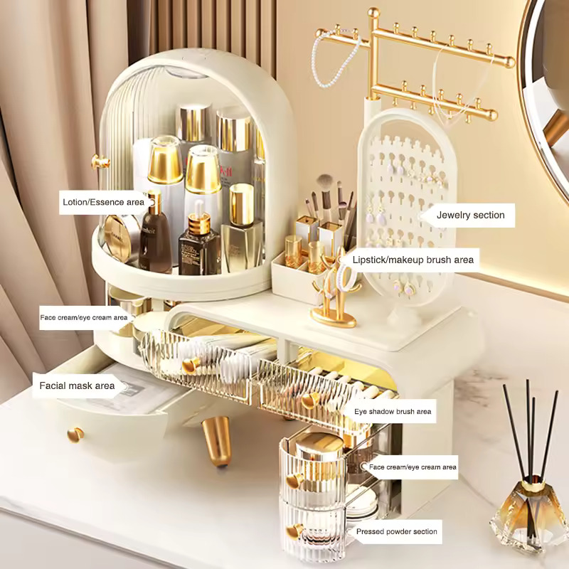 Dressing table, cosmetics storage box, desktop jewelry integrated, dust-proof, high-end feeling,