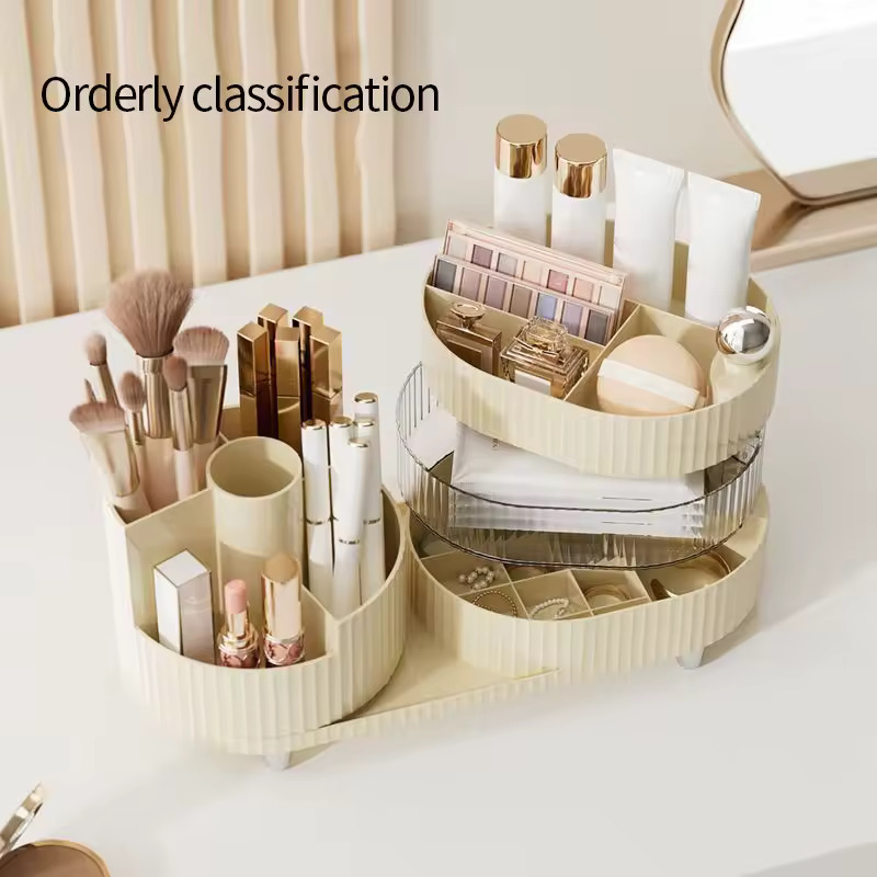 360 Rotating Makeup Organizer, 3-Tier Makeup Countertop Organizer with Makeup Brush Holder, Large Capacity Cosmetic Storage Case