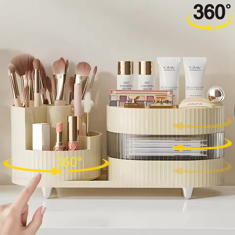 360 Rotating Makeup Organizer, 3-Tier Makeup Countertop Organizer with Makeup Brush Holder, Large Capacity Cosmetic Storage Case