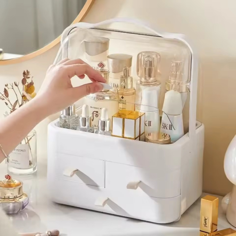 Makeup Organizer Storage Box Dust-proof Desktop Drawer Jewelry Organizer Transparent Portable Handle Skincare Storage Containers
