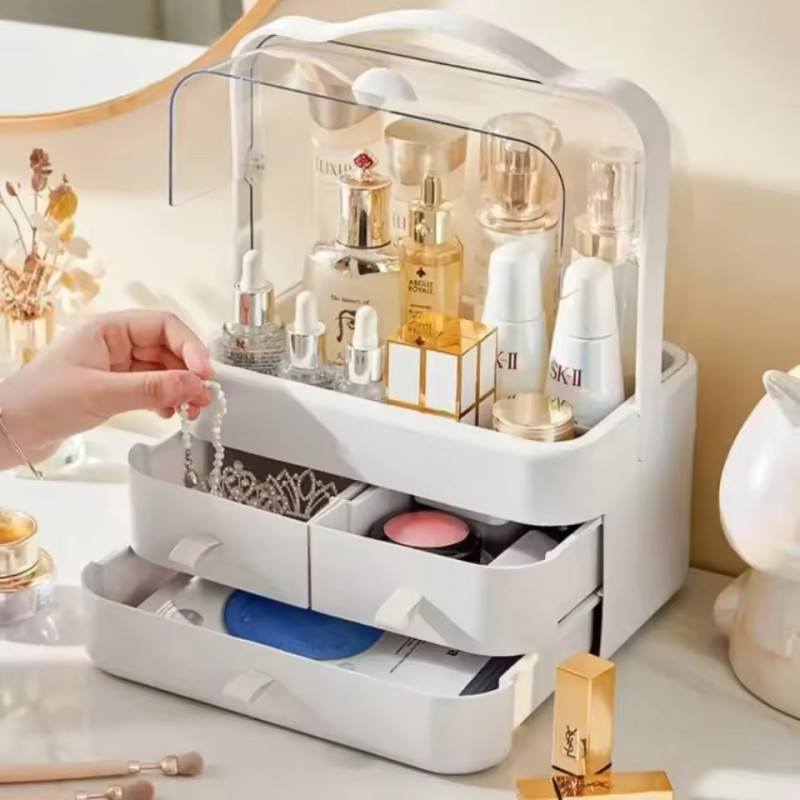Makeup Organizer Storage Box Dust-proof Desktop Drawer Jewelry Organizer Transparent Portable Handle Skincare Storage Containers