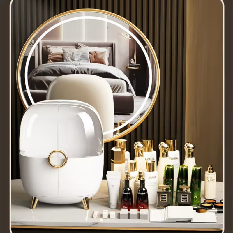 Light luxury cosmetics storage box, dust-proof desktop makeup box