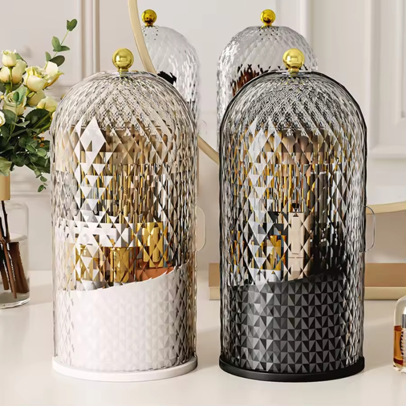 Makeup Brush Holder with Lid Diamond Birdcage 360° Rotating Makeup Organizer Dustproof Cosmetics Storage Box Lipstick Container