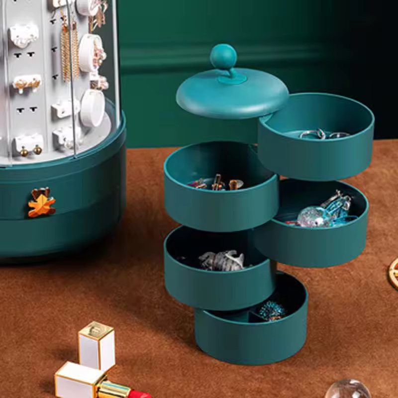 360 Rotating Jewelry Organizer Cosmetic Storage Box Earring Necklace Display Transparent Makeup Desktop Organizer For Woman