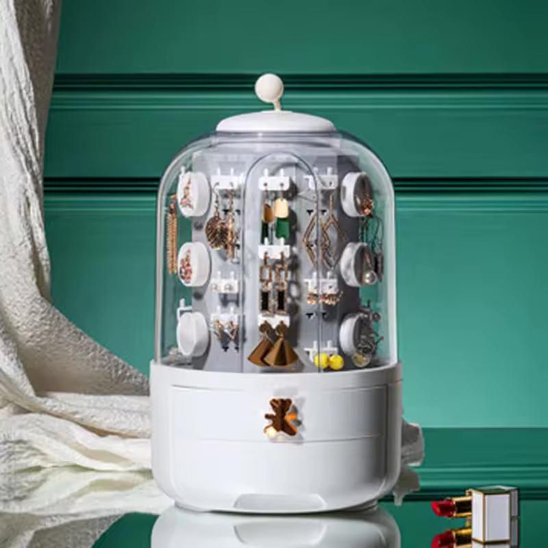360 Rotating Jewelry Organizer Cosmetic Storage Box Earring Necklace Display Transparent Makeup Desktop Organizer For Woman